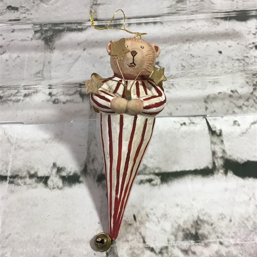 Vintage Christmas Tree Ornament Teddy Bear In Pajamas Stars Jingle Bell Red